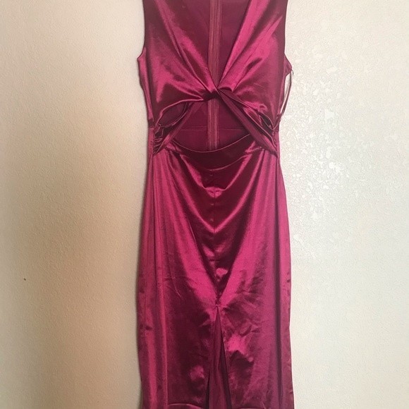 Lush Satin Cutout Burgundy Cocktail MIDI Dress - Picture 4 of 10
